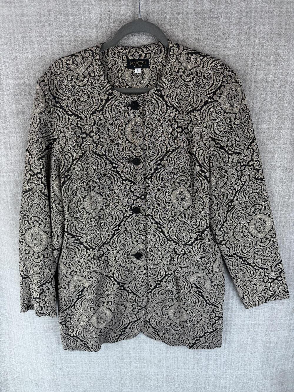 TAMOTSU Jacket Womens L Black Paisley Collarless Lined Button Pockets Tweed